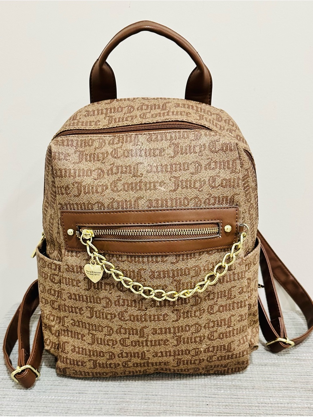 Juicy Couture Mini Backpack Gothic Monogram Logo Brown Chestnut Gold Chain